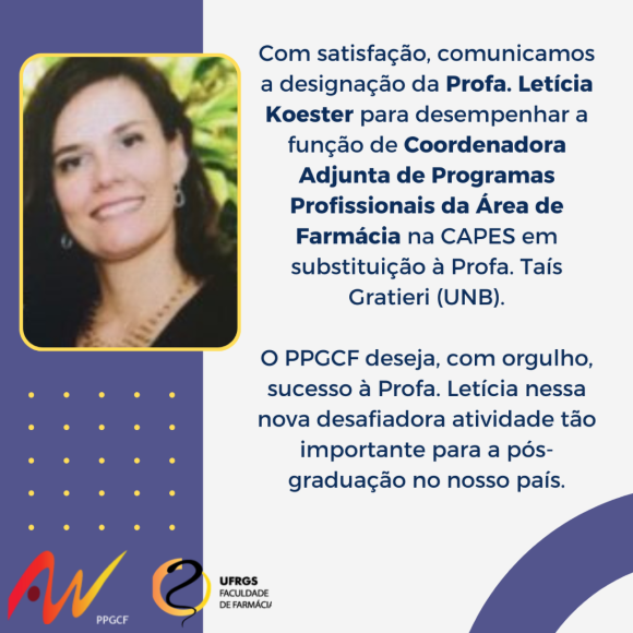 Professora Letícia Koester é designada Coordenadora Adjunta de Programas Profissionais da Área de Farmácia na CAPES